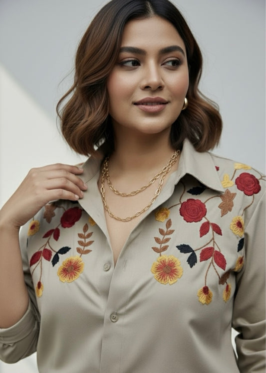 BLOSSOM HAND EMBROIDERED BEIGE SHIRT