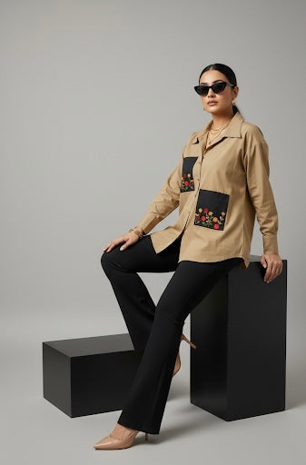 ELORA BEIGE N BLACK BLOCK SHIRT