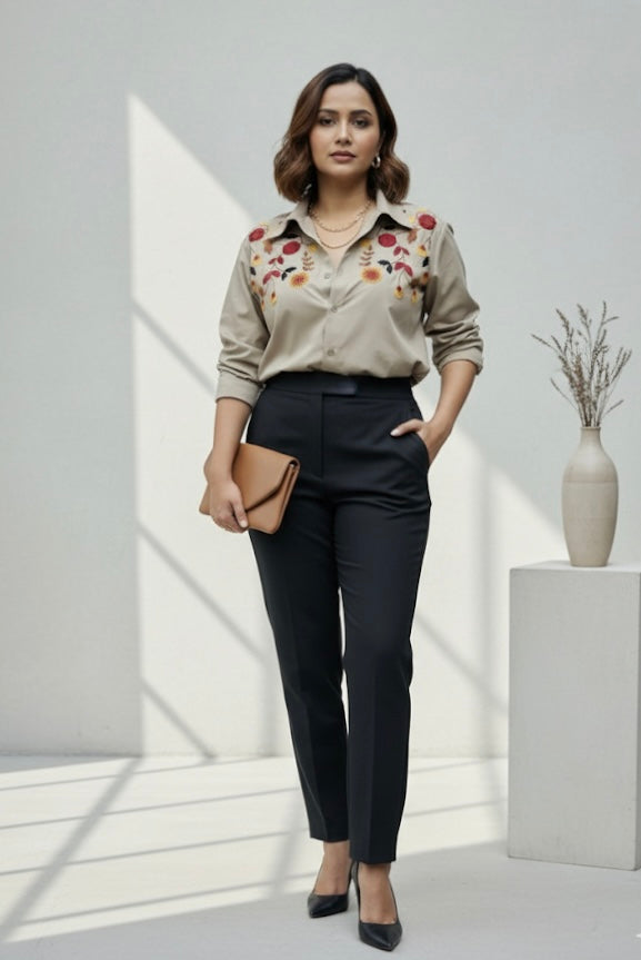 BLOSSOM HAND EMBROIDERED BEIGE SHIRT