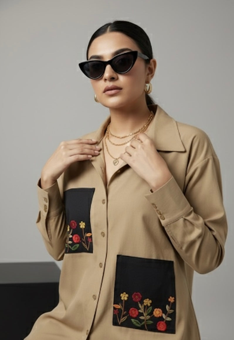 ELORA BEIGE N BLACK BLOCK SHIRT
