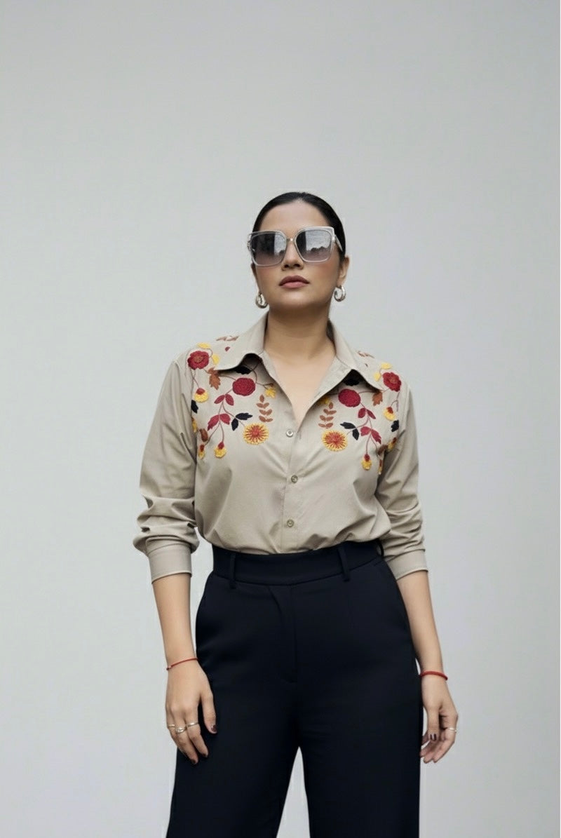BLOSSOM HAND EMBROIDERED BEIGE SHIRT