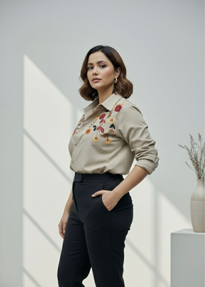 BLOSSOM HAND EMBROIDERED BEIGE SHIRT