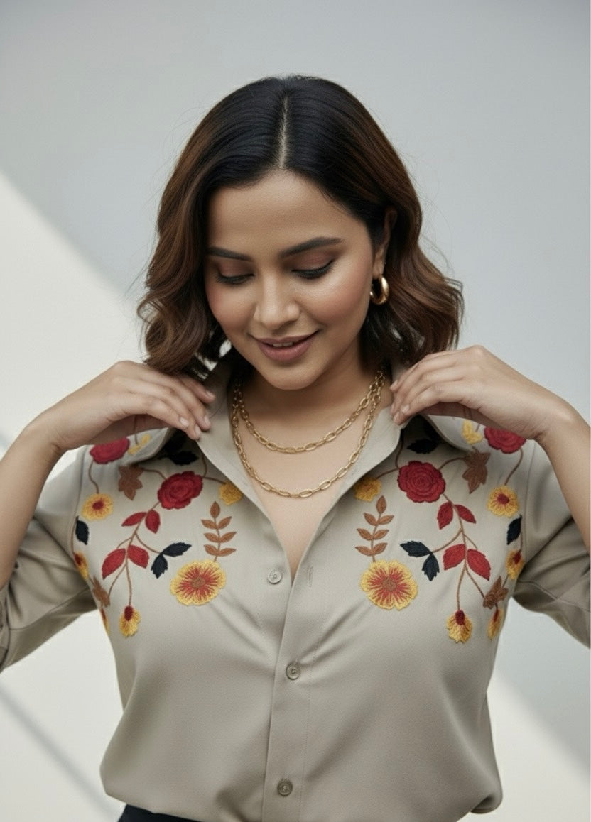 BLOSSOM HAND EMBROIDERED BEIGE SHIRT