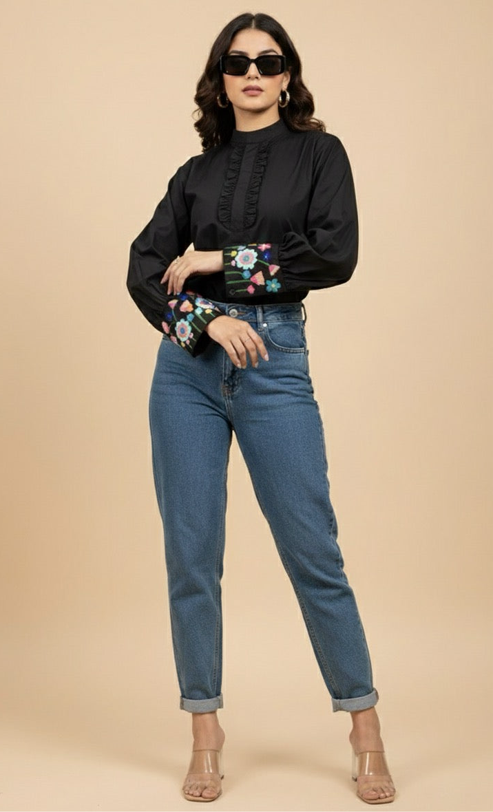 ELORA BLACK BAN COLLAR SHIRT