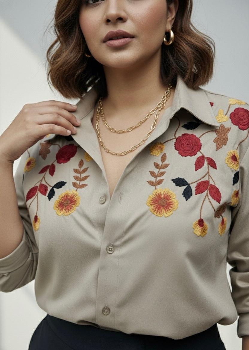 BLOSSOM HAND EMBROIDERED BEIGE SHIRT