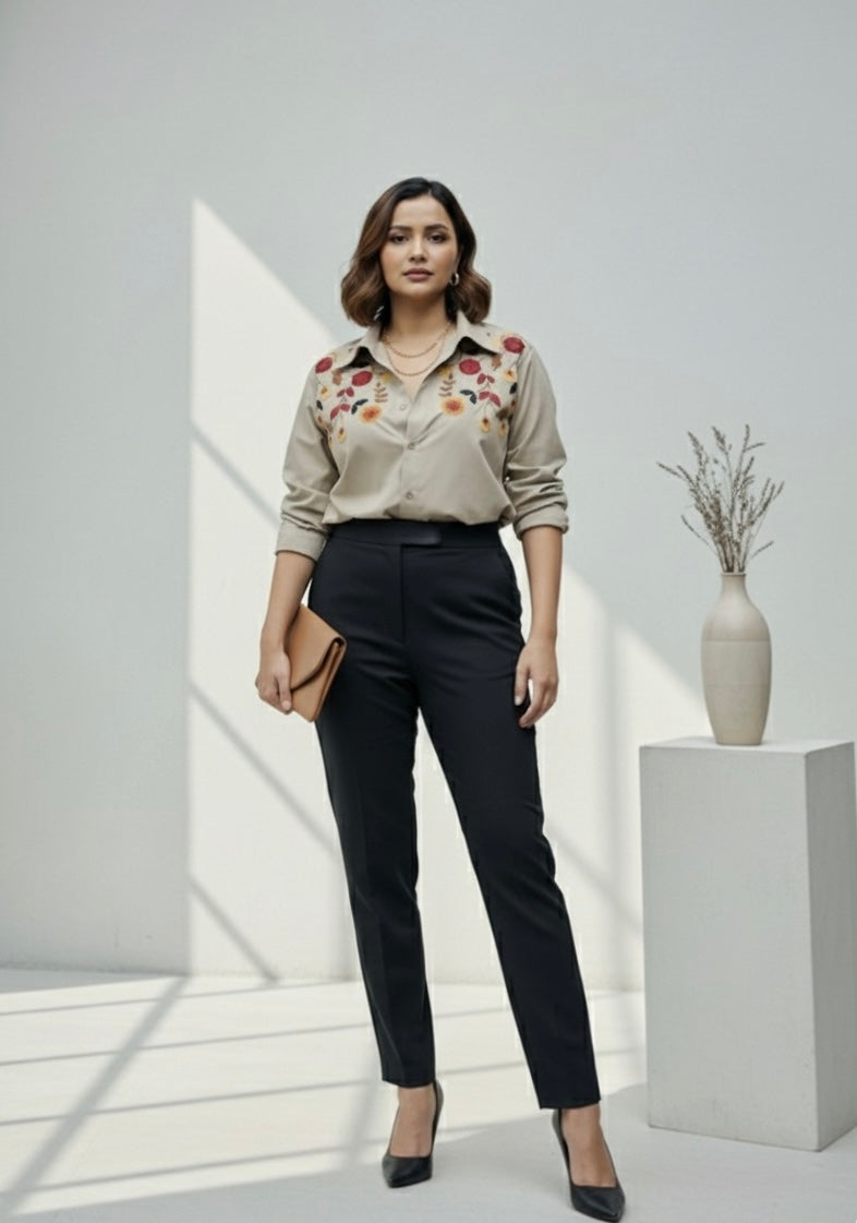 BLOSSOM HAND EMBROIDERED BEIGE SHIRT