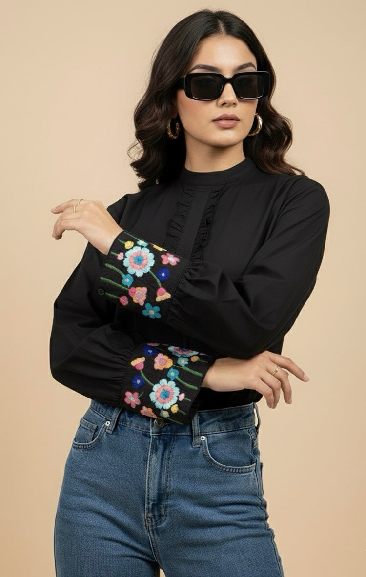 ELORA BLACK BAN COLLAR SHIRT