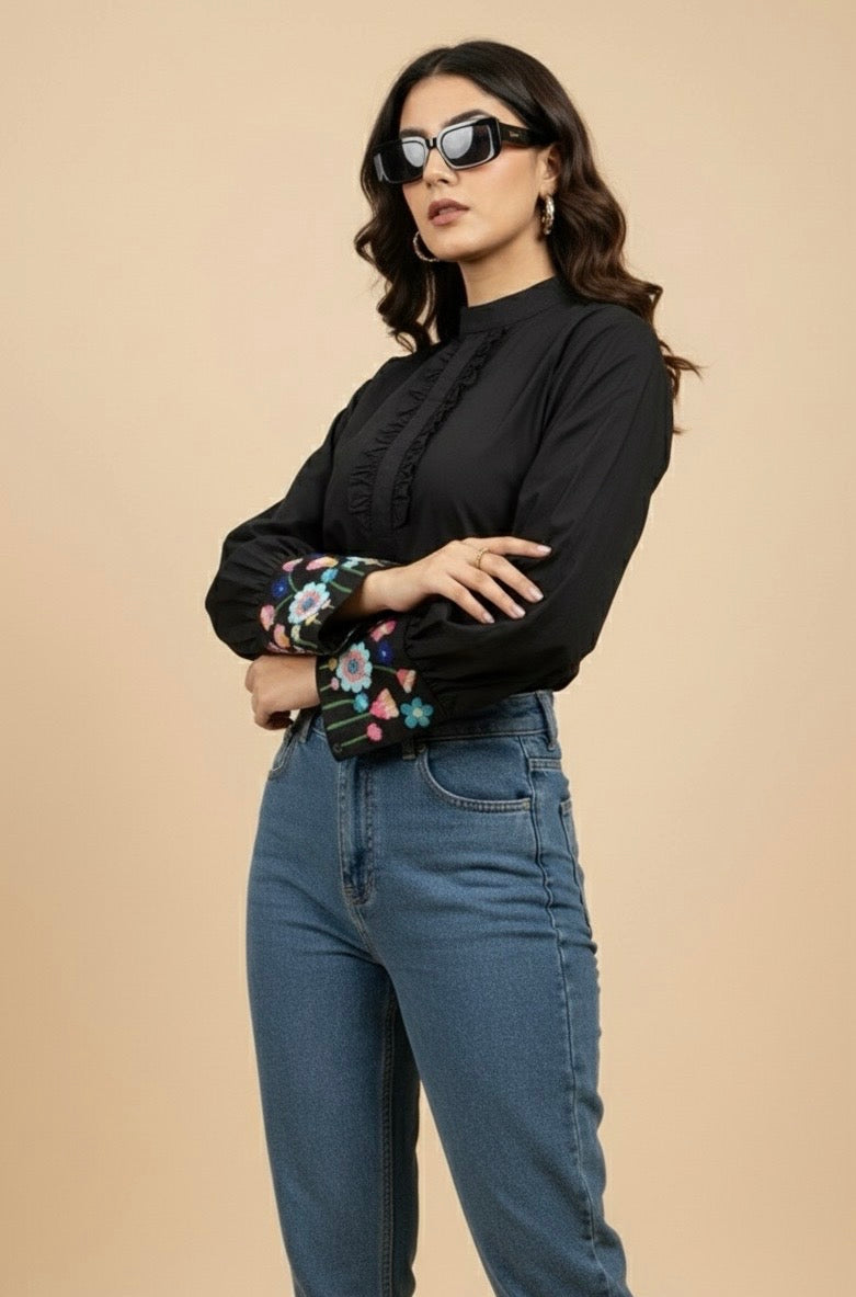 ELORA BLACK BAN COLLAR SHIRT