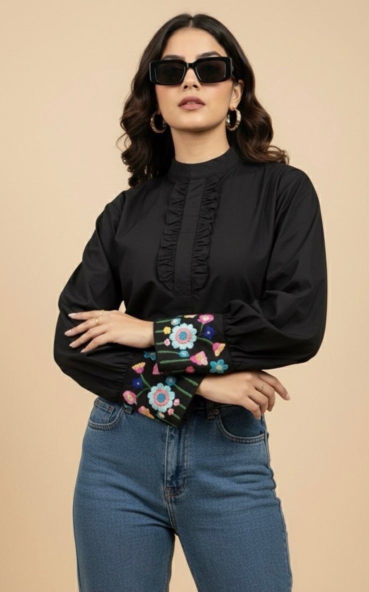 ELORA BLACK BAN COLLAR SHIRT